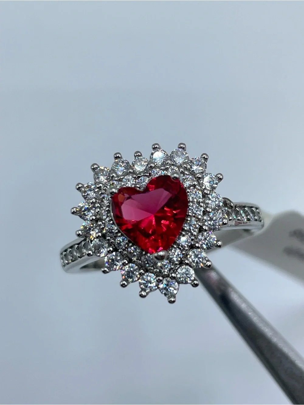 Swarovski Crystal Elements Ruby Red Heart Crystal White Halo Statement Ring Sz 8